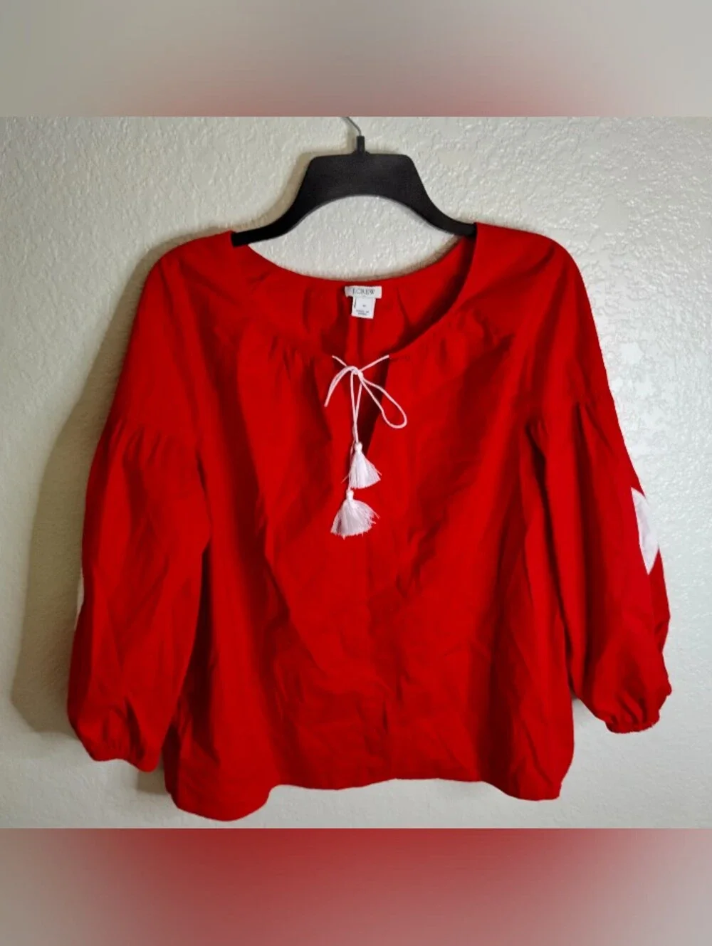J. Crew Puff Sleeves Embroidered Tassels Blouse Sz M